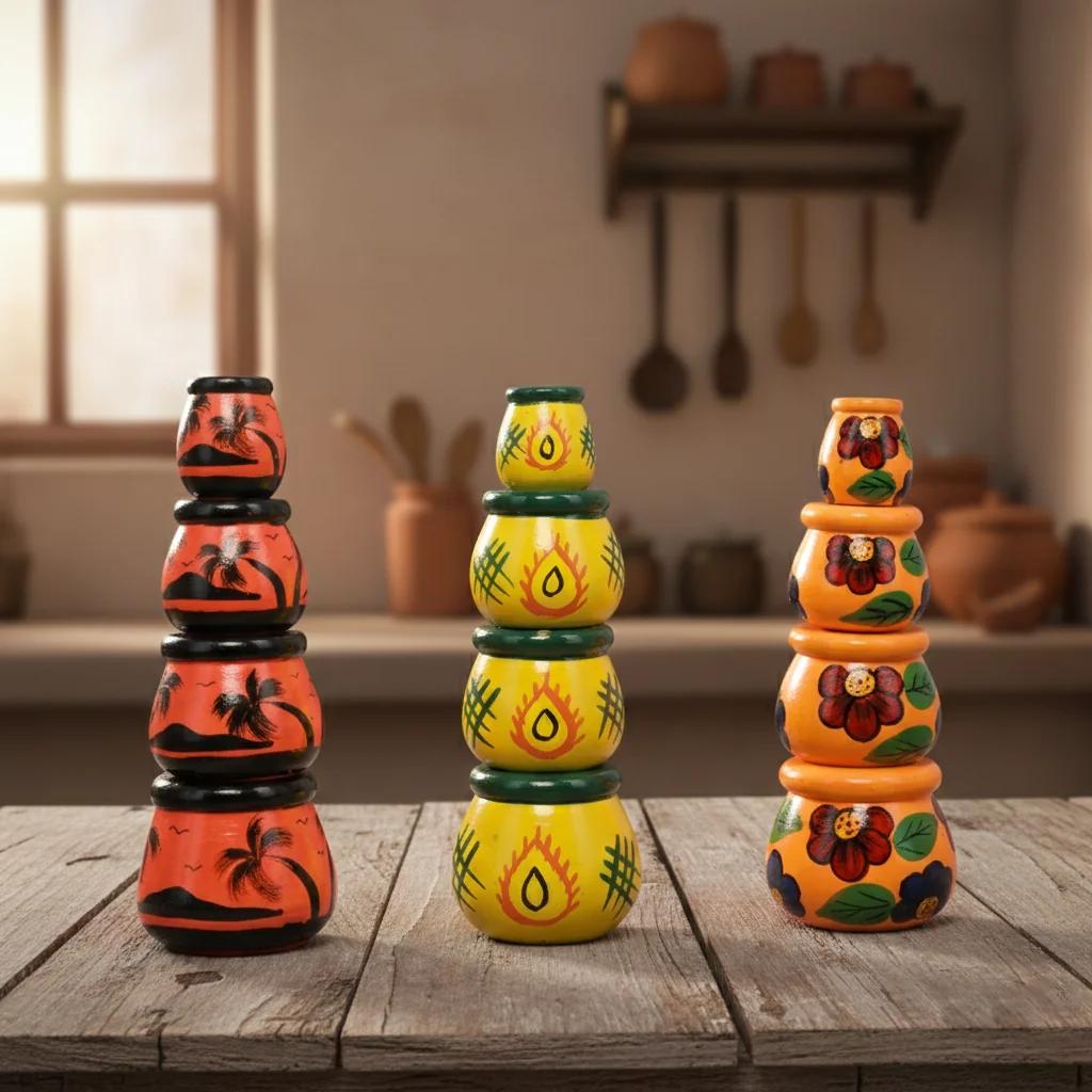 MH Decors Wooden Matki Set of 4 Kondapalli Hand Painted Yellow for Living Room