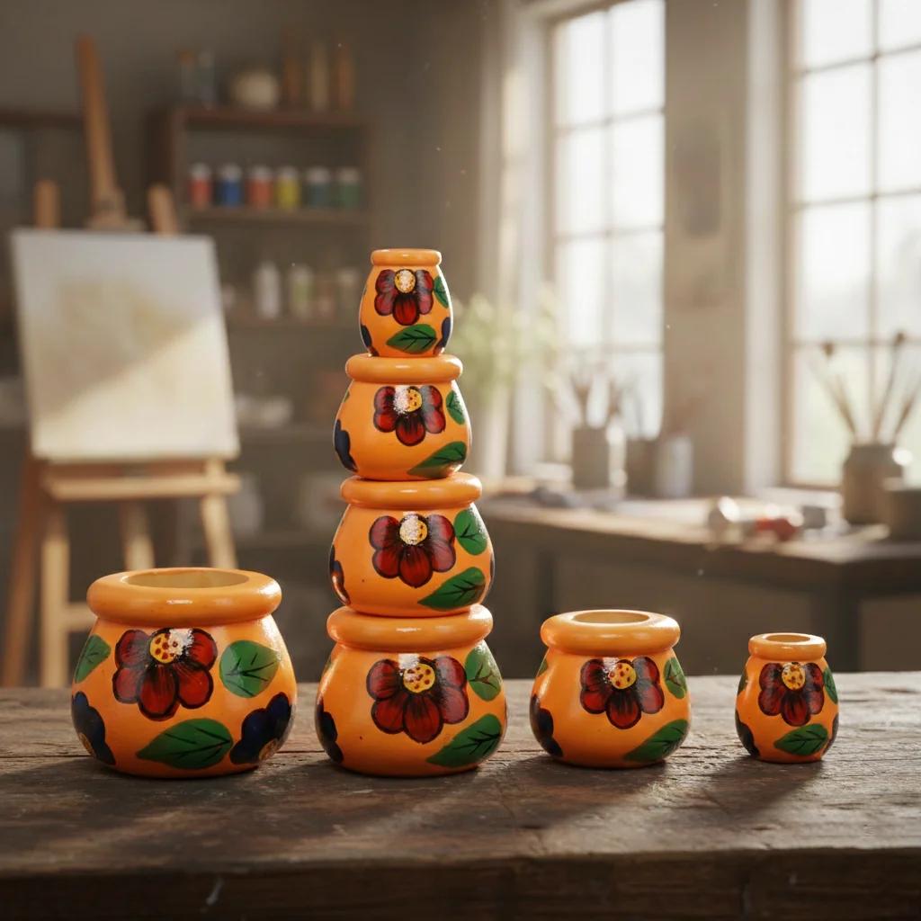 MH Decors Kondapalli Wooden Matki Set of 4 Orange for Home Decor