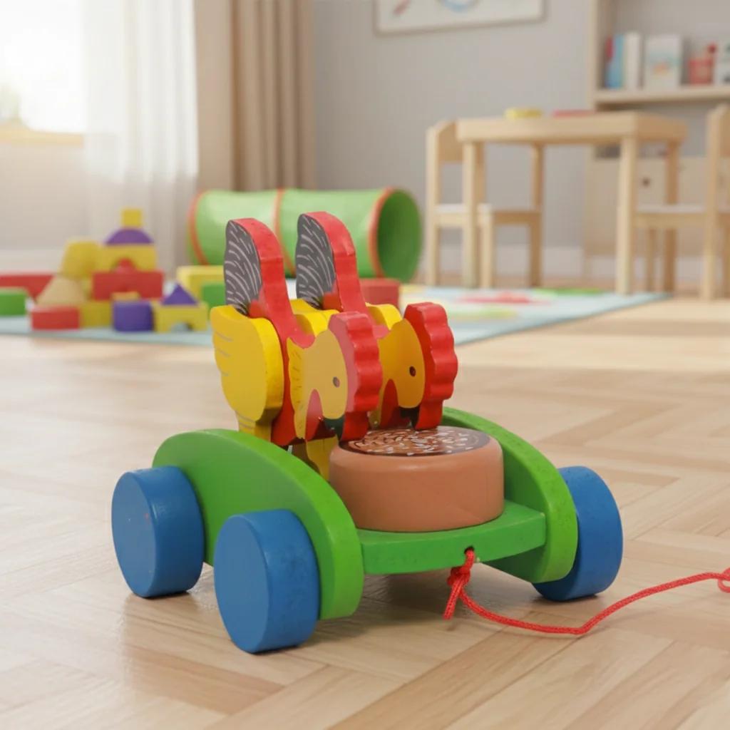 MH Decors Kondapalli Wooden Chicken Drum Cart Early Walking Toy Hand Made