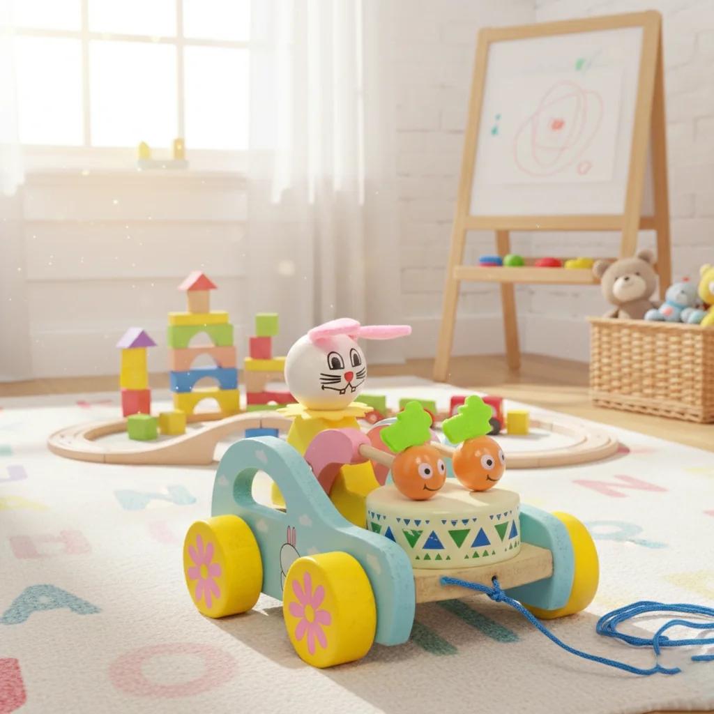 MH Decors Kondapalli Wooden Rabbit Drum Pull Toy Hand Made for Baby Development