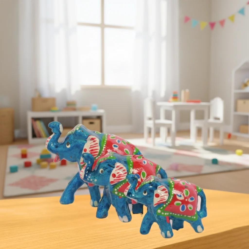 MH Decors Wooden Elephant Idol Kondapalli Handcrafted Decorative Set of 3