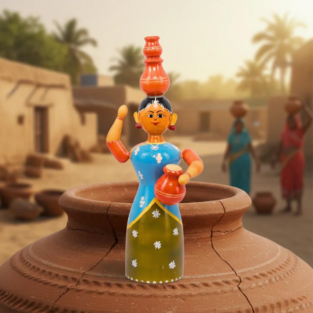 MH Decors Handcrafted Kondapalli Wooden Rajasthan Lady Showpiece for Living Room