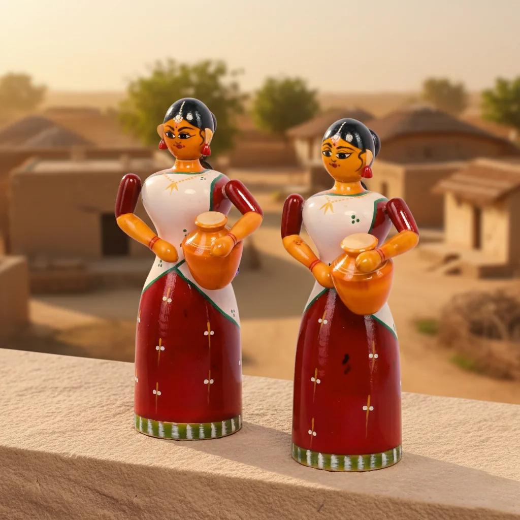 MH Decors Kondapalli Wooden Village Girl Figurine Half Saree Hand Made for Home Display