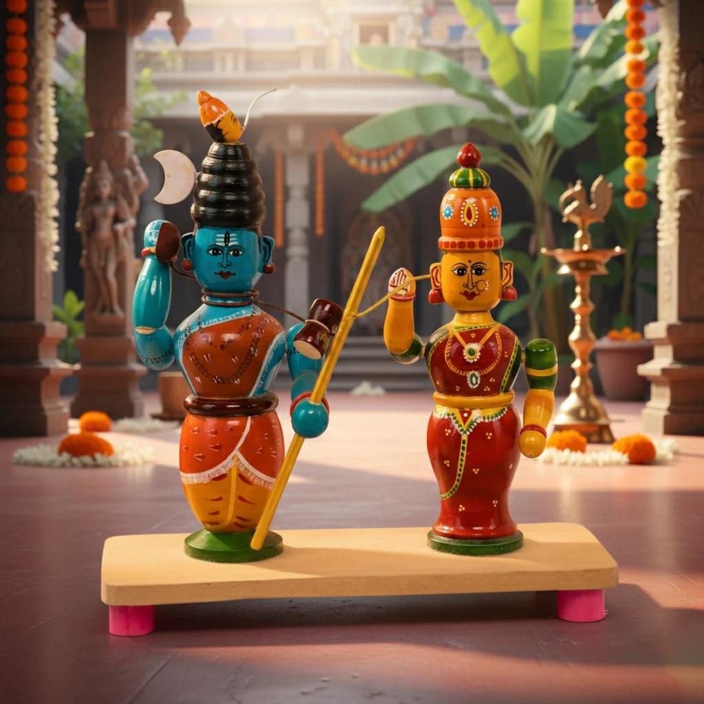 VPH Gift Store Kondapalli Wooden Lord Shiva Parvathi Idol Set for Living Room Decoration