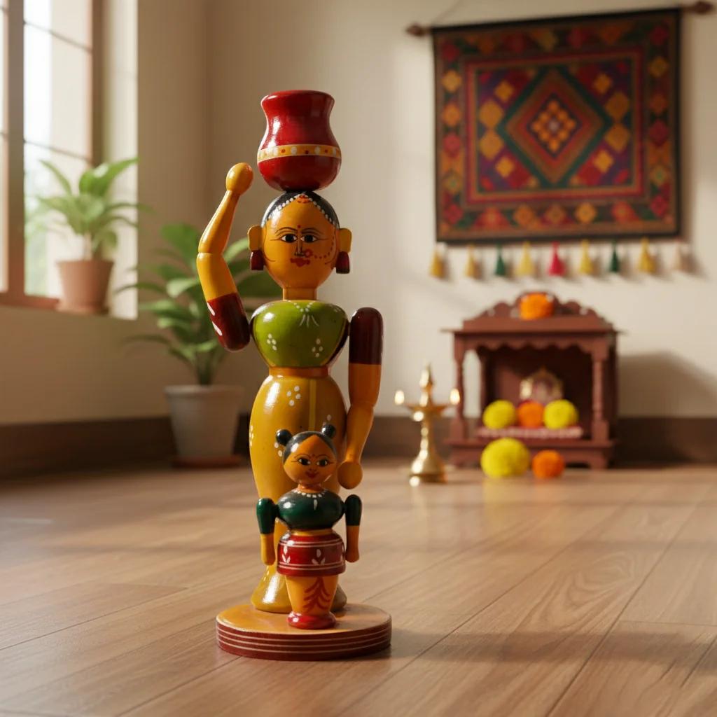 VPH Gift Store Handmade Kondapalli Wooden Mother and Child Idol for Home and Office Decor