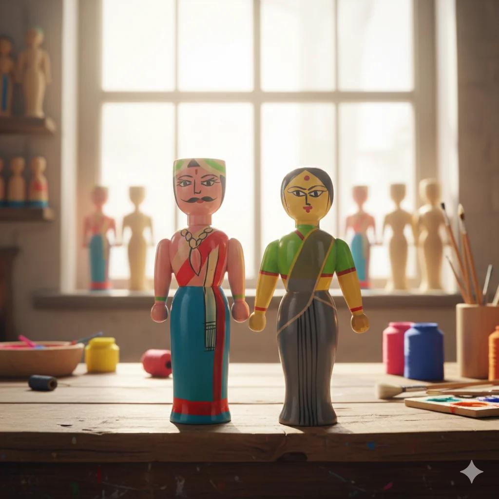 VPH Gift Store Kondapalli Wooden Raja Rani Doll Set Handcrafted for Home Decoration