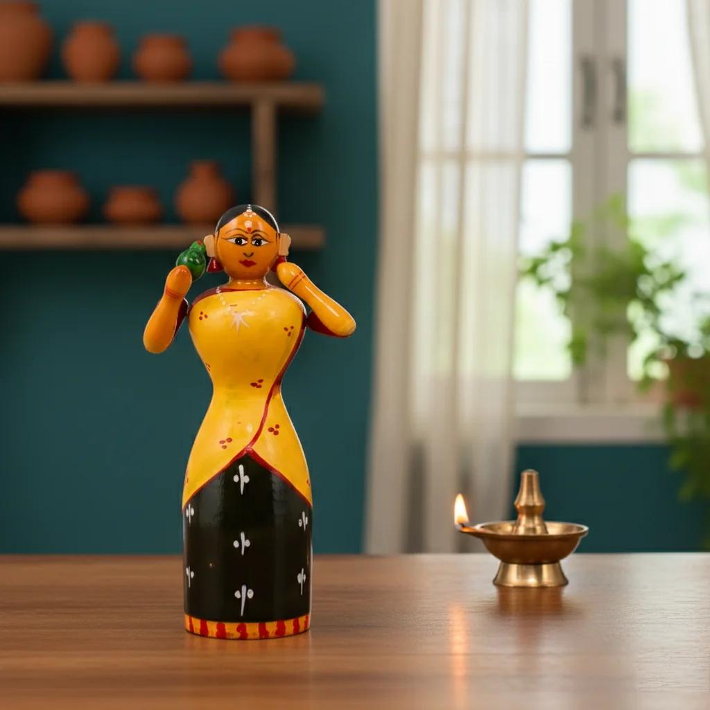 VPH Gift Store Kondapalli Wooden Traditional Lady with Parrot Handcrafted Home Decor