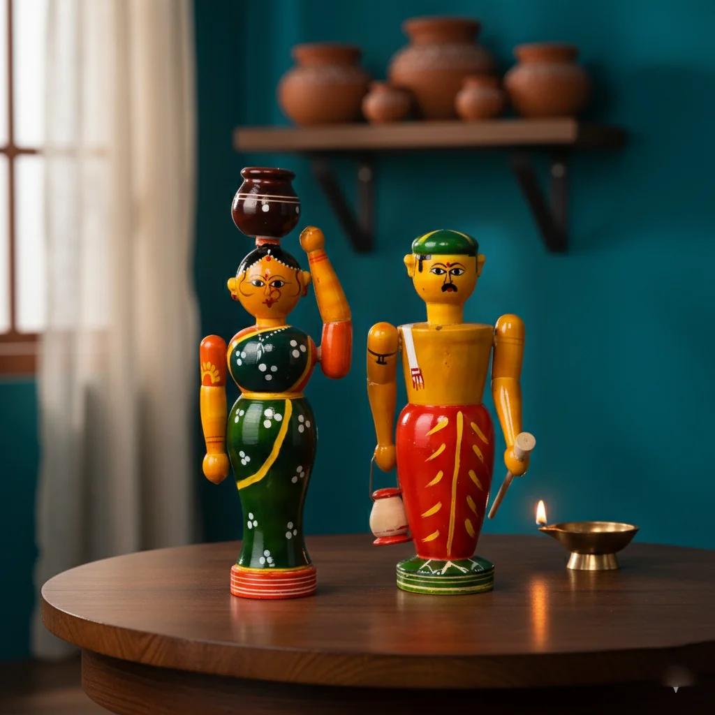 VPH Gift Store Kondapalli Wooden Village Farmer Couple Idol Set for Home Decoration