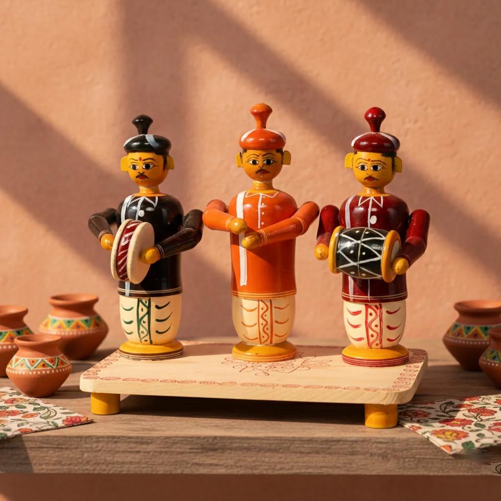VPH Gift Store Kondapalli Wooden Musical Band Figurine Set 3 People Handcrafted Home Decoration