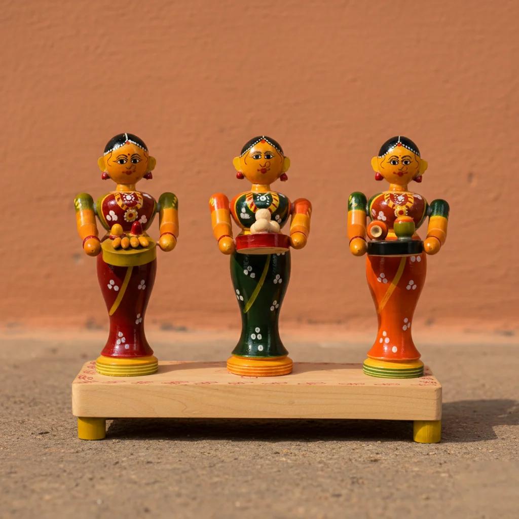 VPH Gift Store Kondapalli Wooden Village Ladies Figurines Standing with Fruits Handcrafted for Home