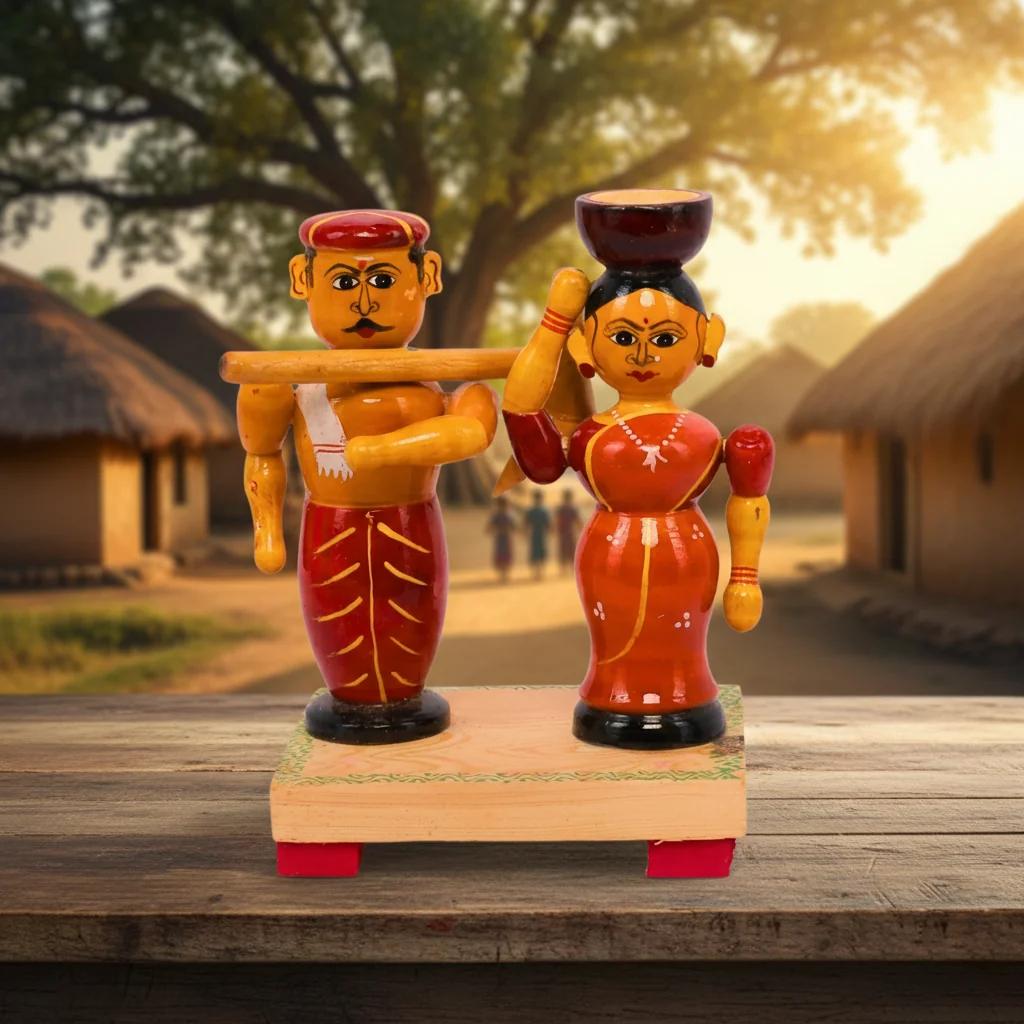 VPH Gift Store Kondapalli Wooden Farmer Couple Toy Set for Home Decoration