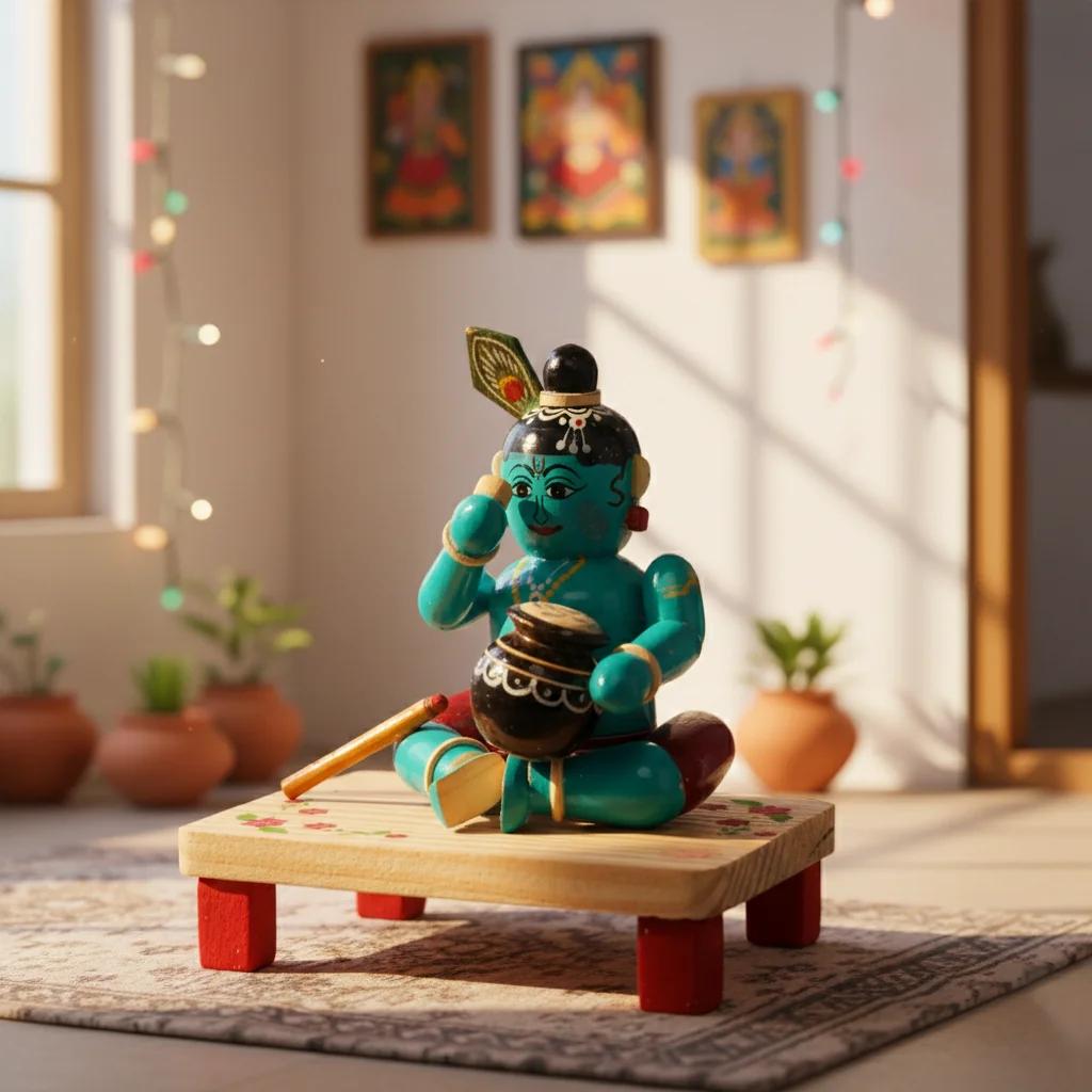 VPH Gift Store Kondapalli Wooden Little Krishna Decorative Figurine with Butter Pot