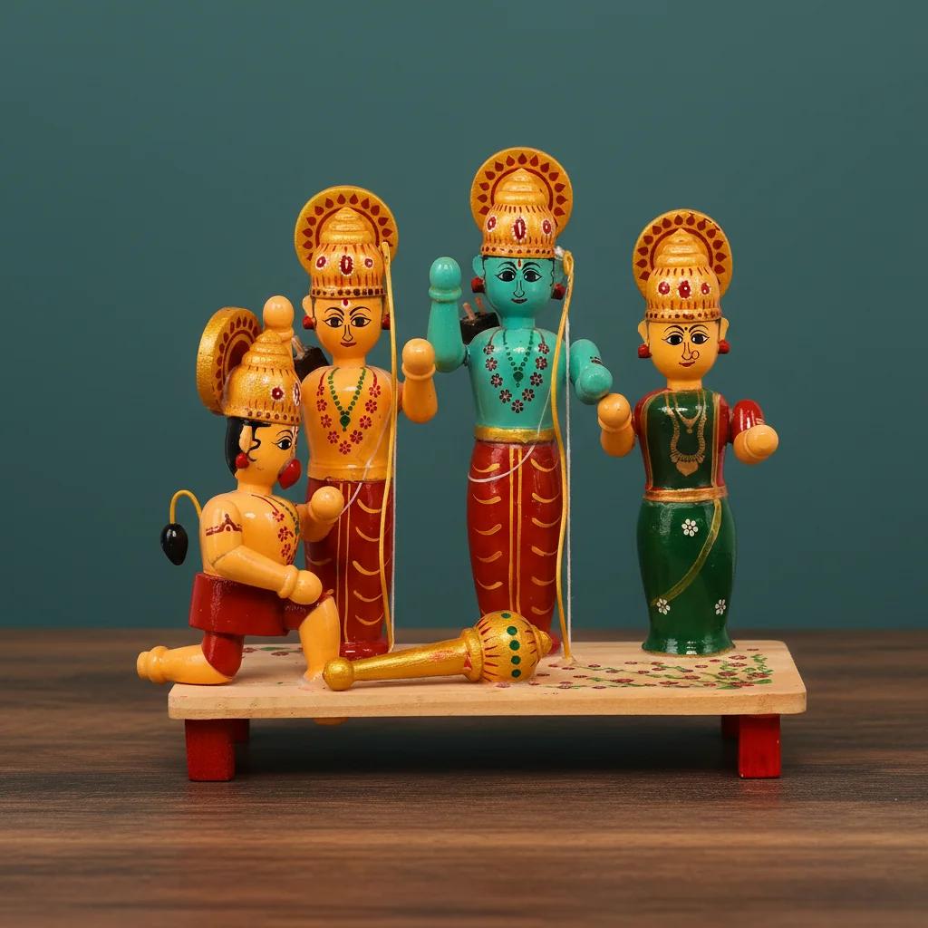 VPH Gift Store Kondapalli Wooden Lord Rama Sita Hanuman Handcrafted Idol Set for Home