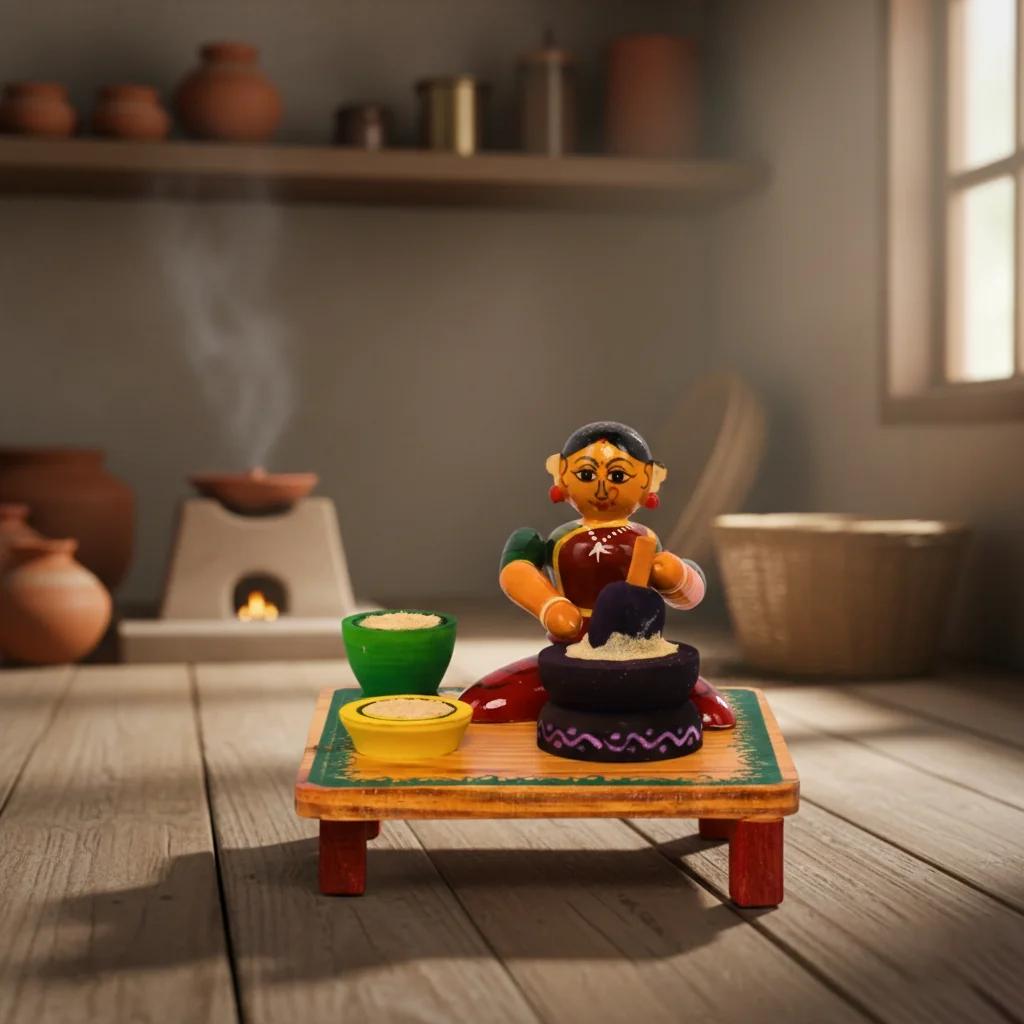 VPH Gift Store Handmade Kondapalli Wooden Village Lady Grinding Decorative Showpiece