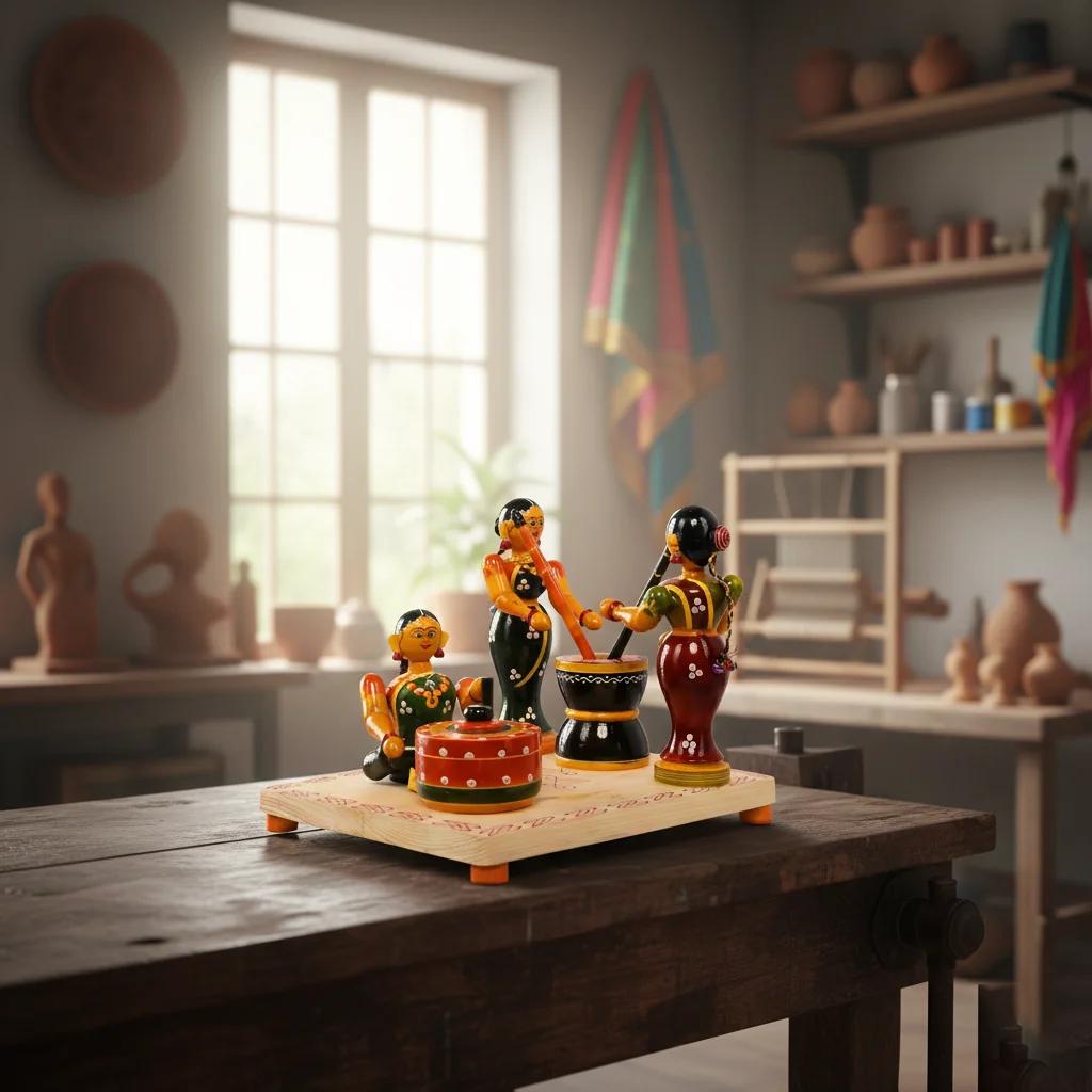 VPH Gift Store Handmade Kondapalli Wooden Village Women Pounding Grinding Figurines for Home