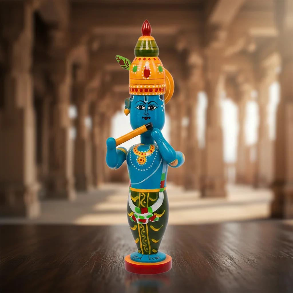 MH Decors Kondapalli Wooden Lord Krishna Decorative Idol Hand Painted for Home