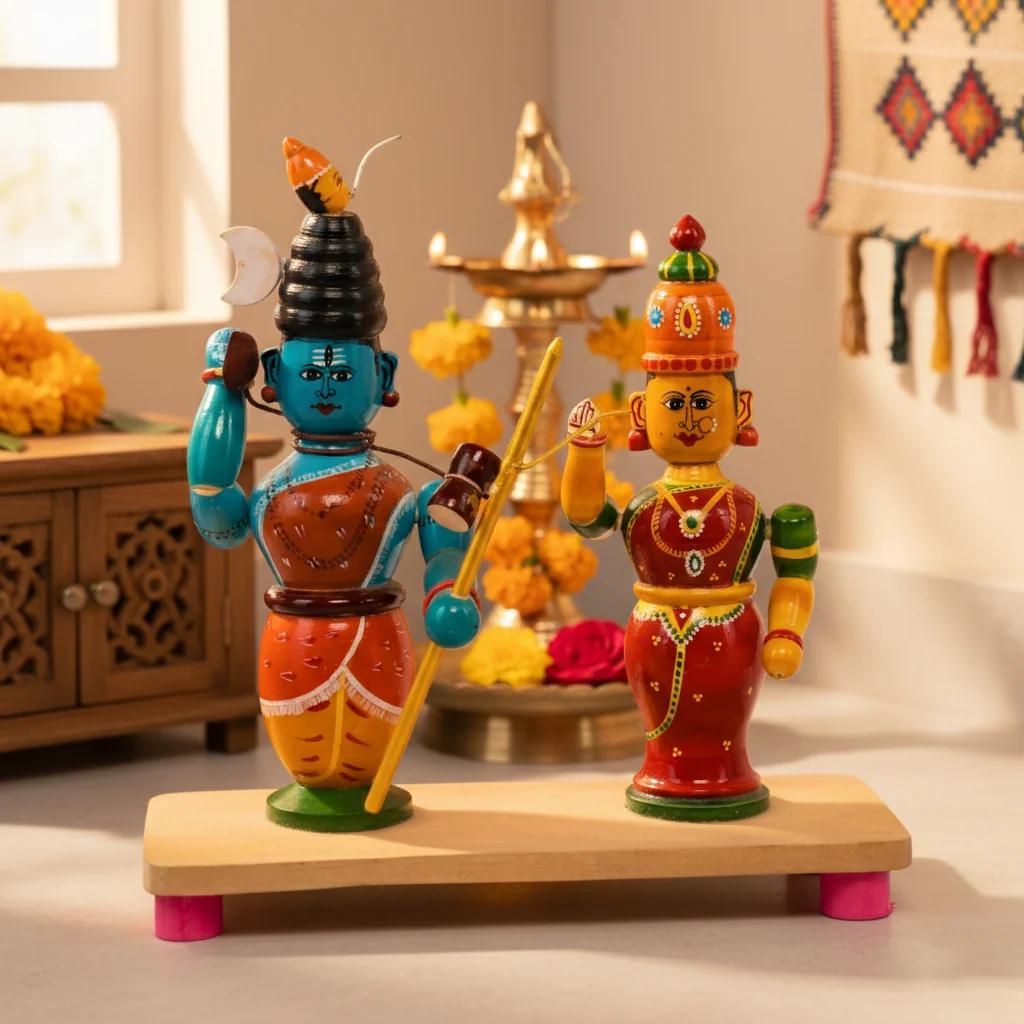 MH Decors Handcrafted Kondapalli Wooden Lord Shiva and Parvathi Figurines for Home Interiors