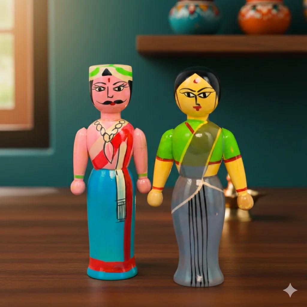 MH Decors Handcrafted Kondapalli Wooden Raja Rani Doll Showpiece for Home