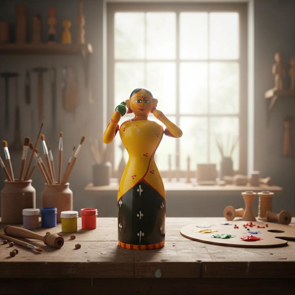 MH Decors Handcrafted Kondapalli Wooden Lady in Half Saree with Parrot Showpiece for Home