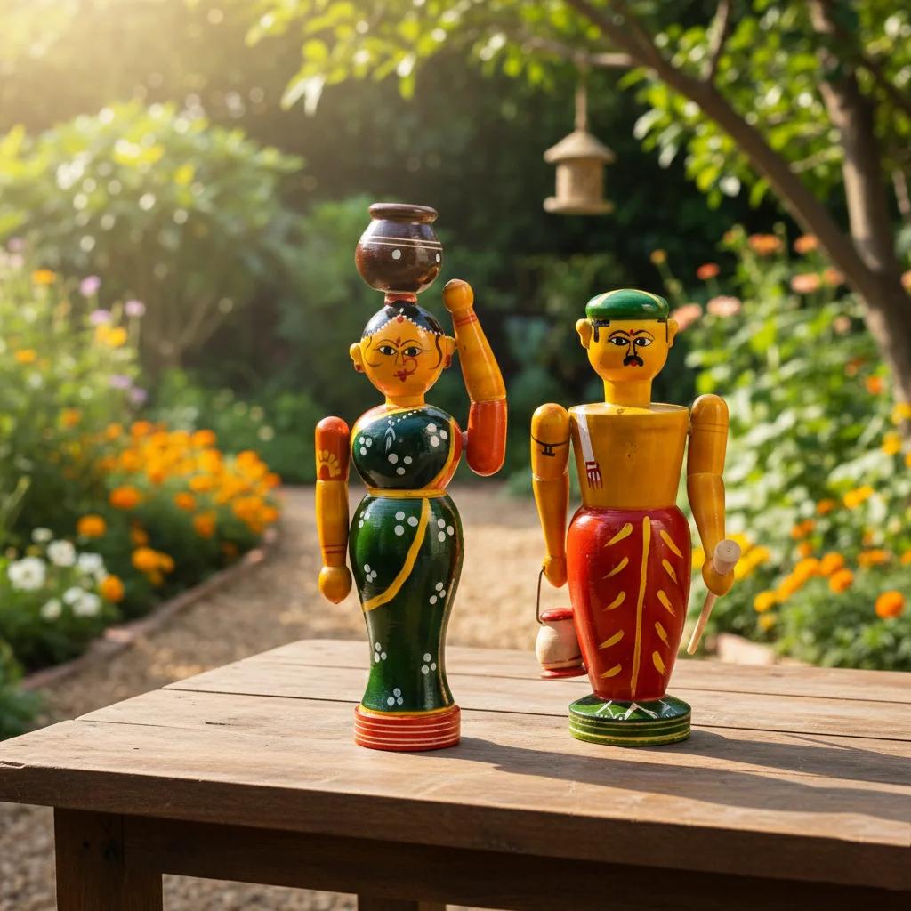 MH Decors Kondapalli Wooden Village Farmer Couple Decorative Figurines for Home