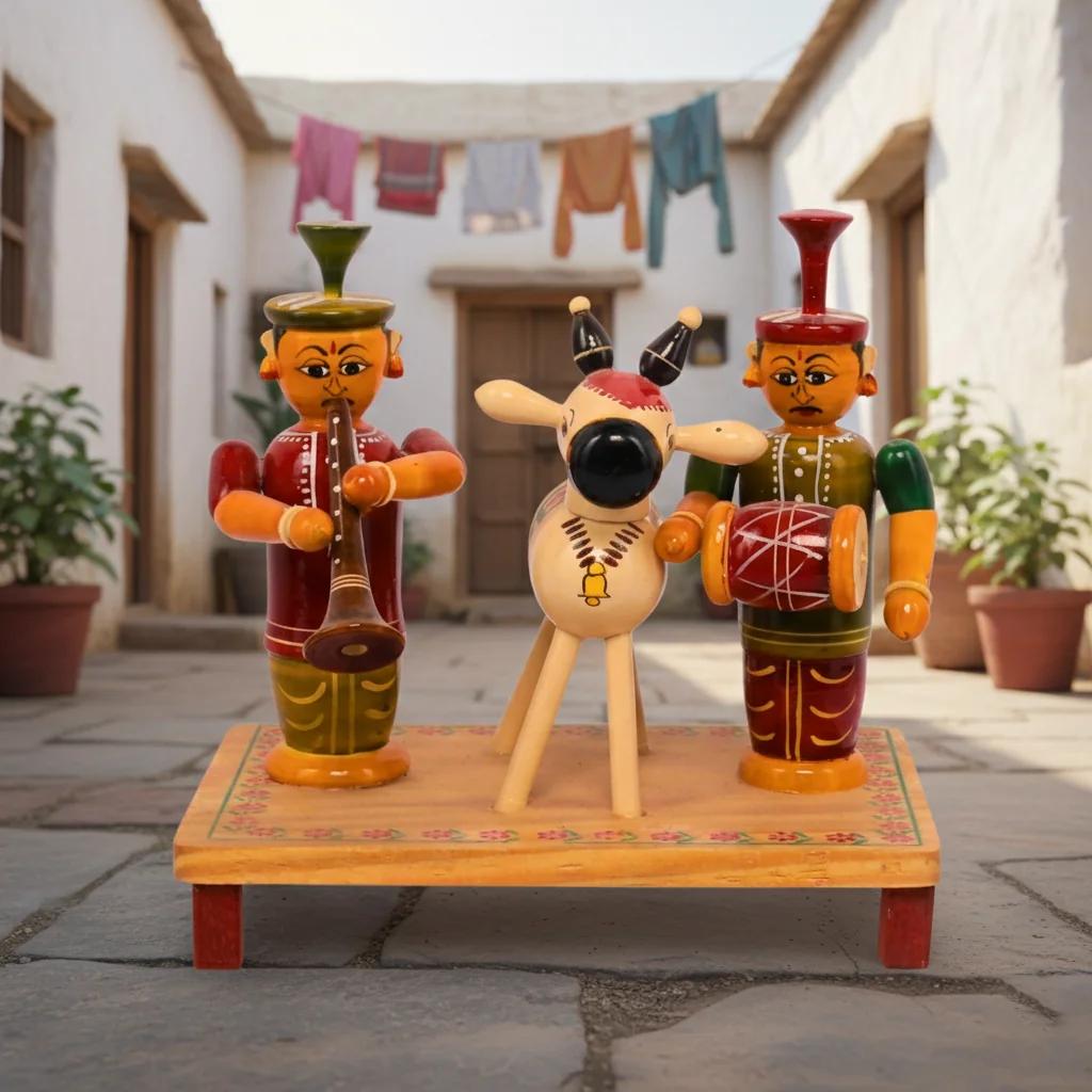 MH Decors Kondapalli Wooden Sankranthi Gangireddhu Melam Decorative Figurines for Home