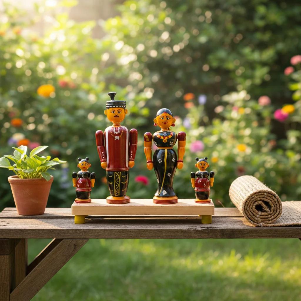 MH Decors Kondapalli Wooden Family Toy Set Hand Made Decorative Figurines for Home