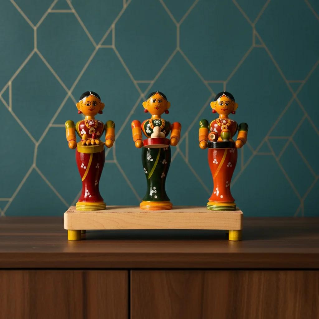 MH Decors Kondapalli Wooden 3 Ladies Figurines with Fruits Hand Made for Home