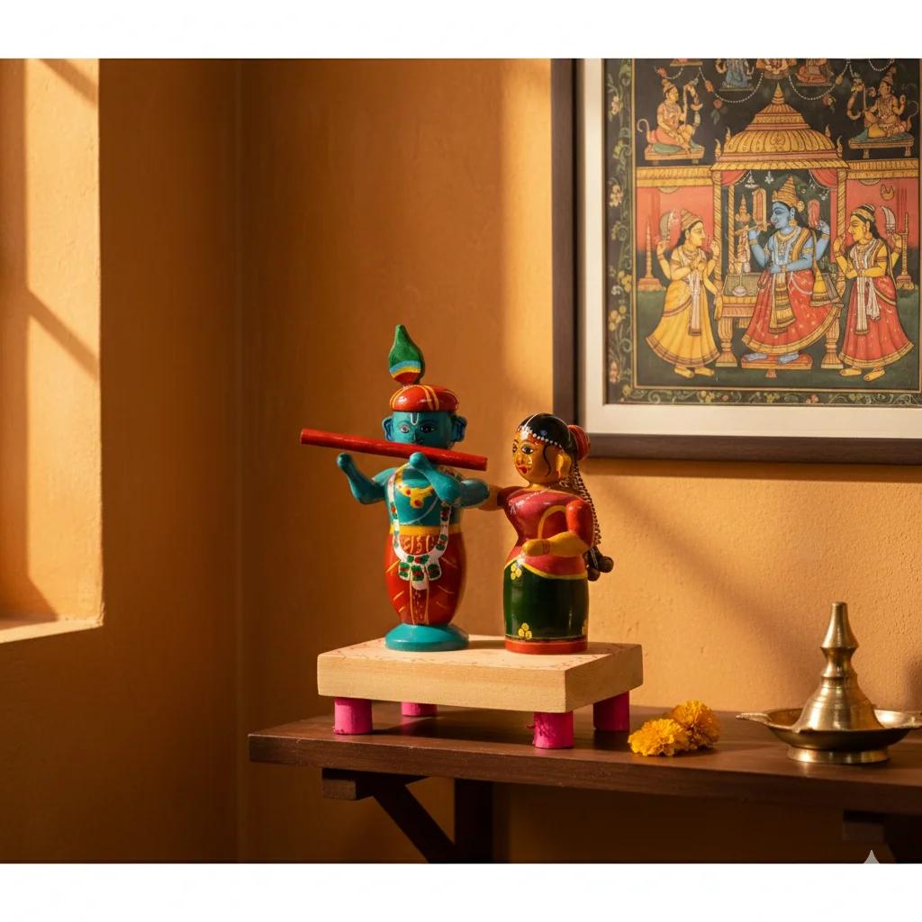 MH Decors Handcrafted Kondapalli Wooden Radha Krishna Decorative Showpiece for Home