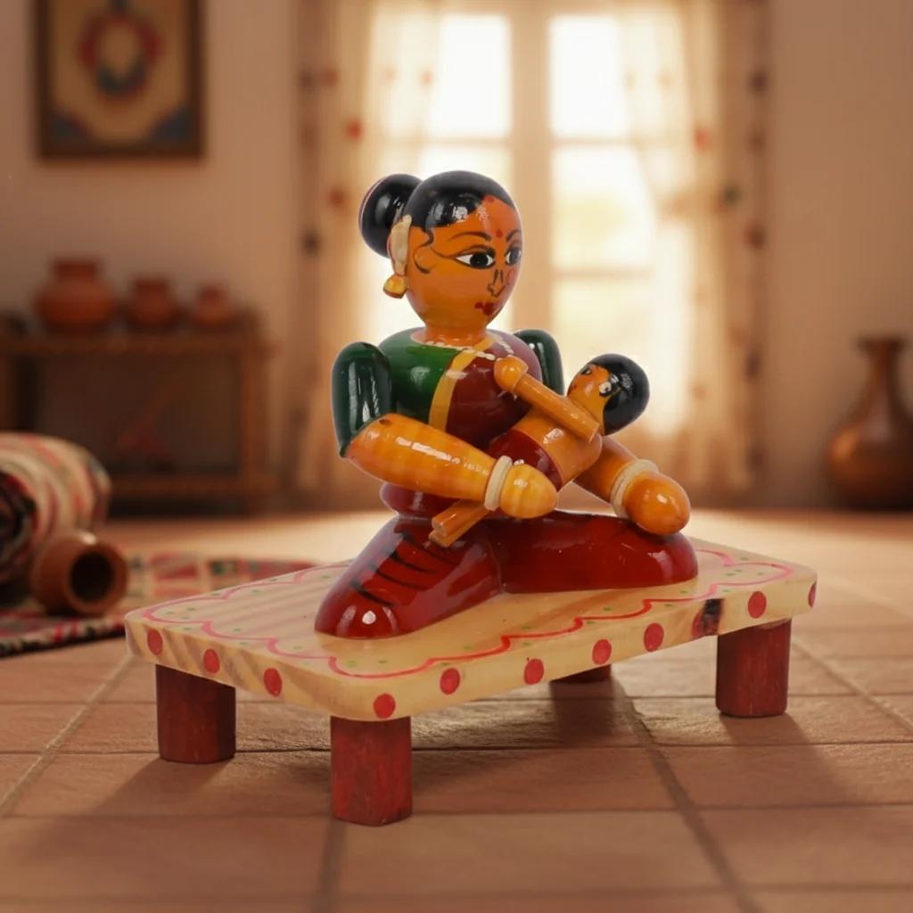 MH Decors Kondapalli Wooden Mother and Child Decorative Hand Made Figurines for Home