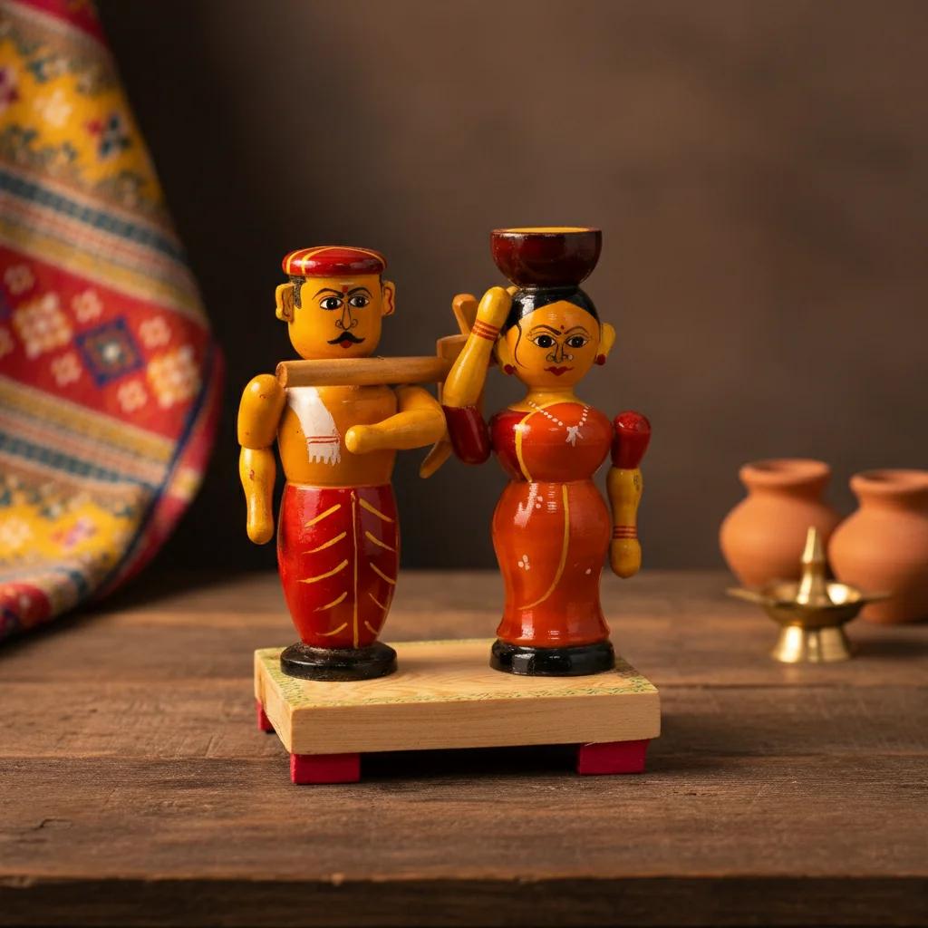 MH Decors Kondapalli Wooden Farmer Couple Decorative Figurines for Home Interiors