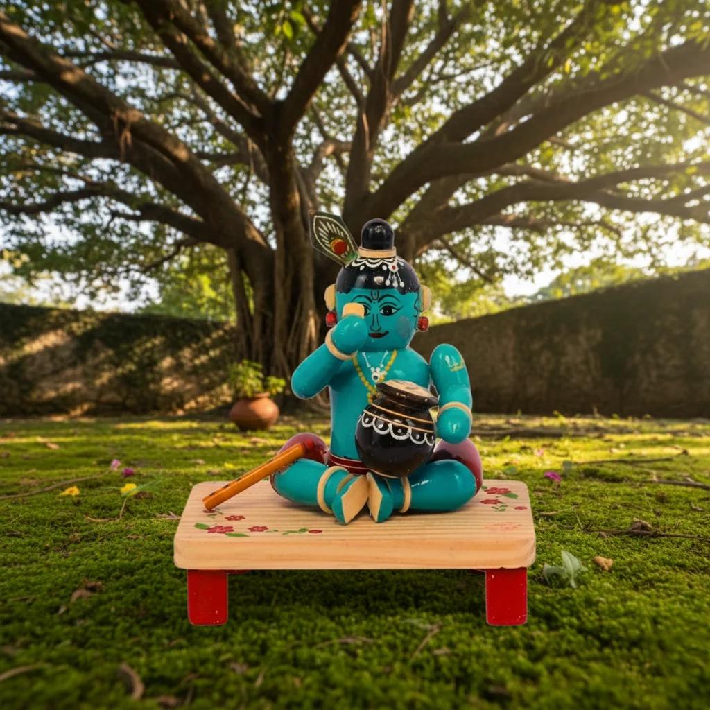 MH Decors Kondapalli Wooden Little Krishna with Butter Pot Decorative Figurines for Home