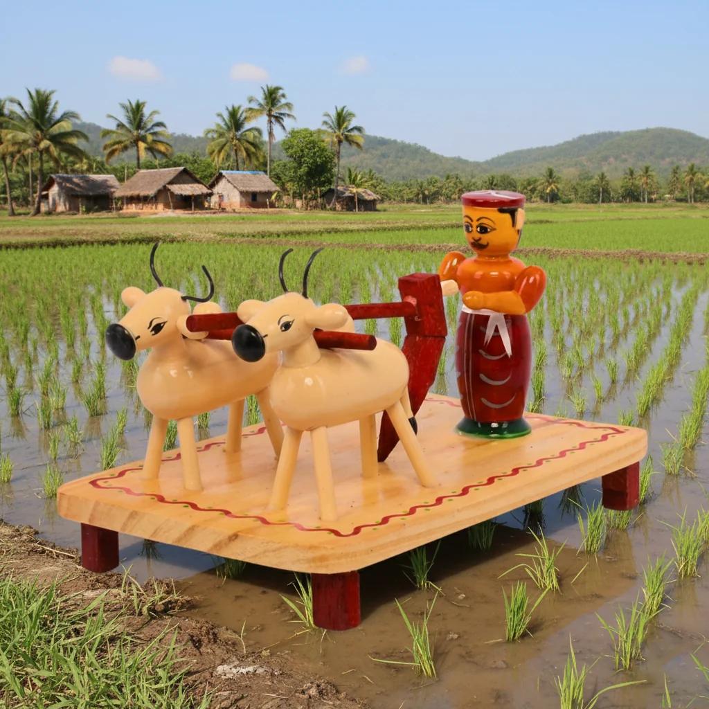 MH Decors Handcrafted Kondapalli Wooden Farmer Ploughing Field Showpiece for Home Interiors