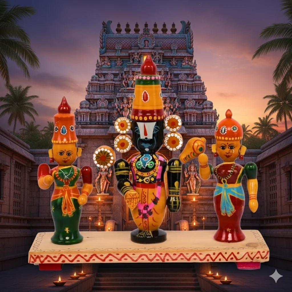 MH Decors Kondapalli Wooden Lord Balaji with Padmavati and Lakshmi Idol Set Hand Made