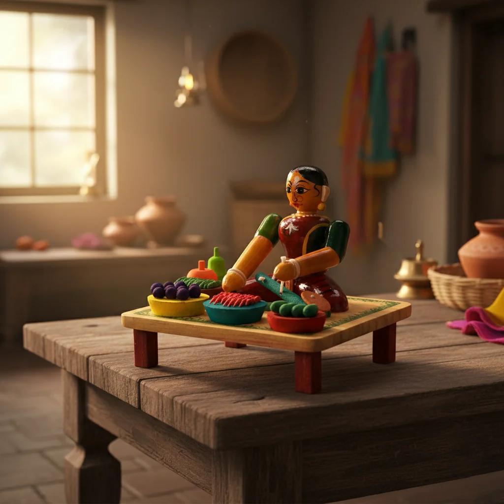 MH Decors Kondapalli Wooden Women Selling Vegetables Decorative Figurines Hand Made