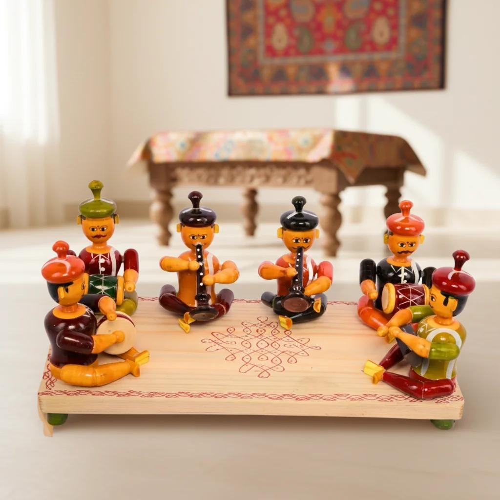 MH Decors Kondapalli Wooden Traditional Sannai Mellam Set Hand Made Decorative Figurines