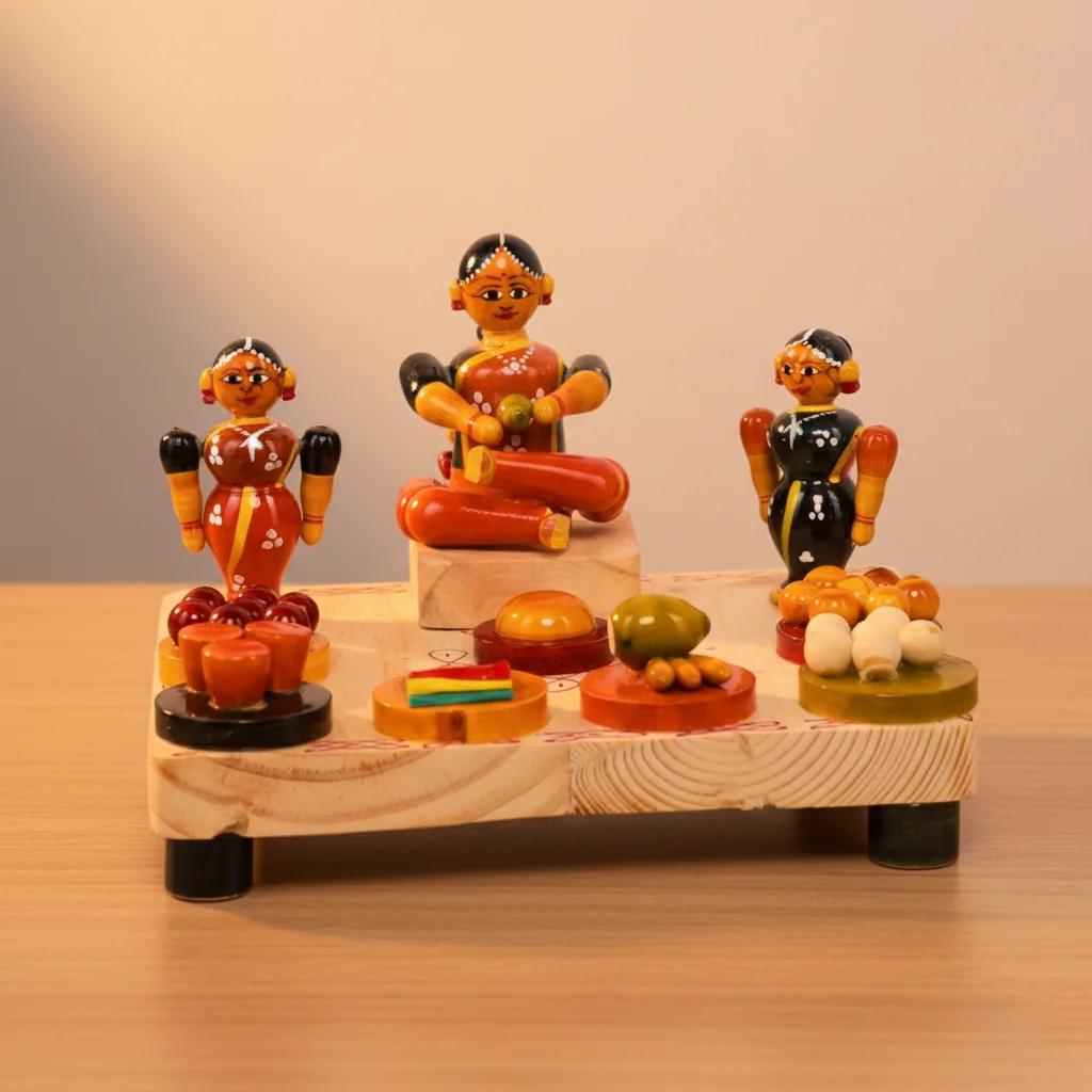 MH Decors Kondapalli Wooden South Indian Bride Figurines Hand Made for Living Room