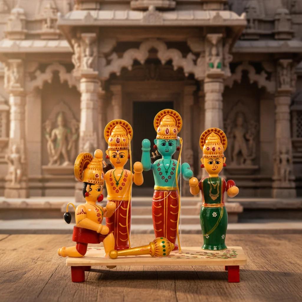 MH Decors Kondapalli Wooden Lord Rama Sita Lakshmana Hanuman Decorative Showpiece Set