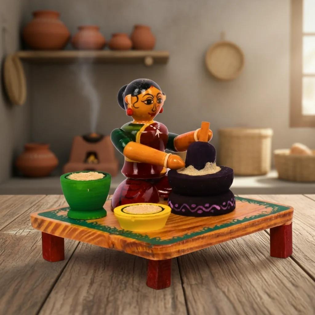MH Decors Handcrafted Kondapalli Wooden Grinding Lady Showpiece for Home Interiors