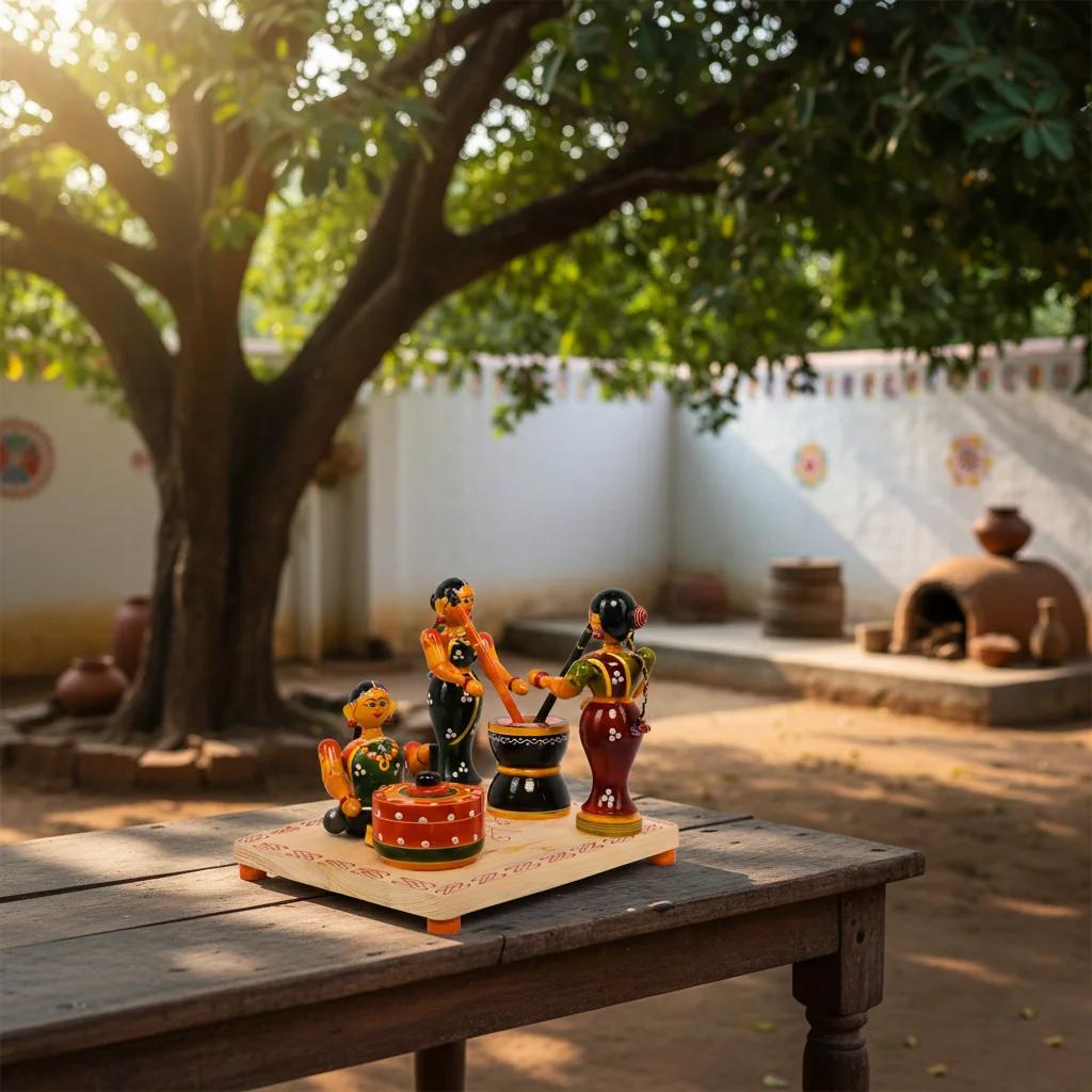 MH Decors Kondapalli Wooden Village Grinding Ladies Decorative Hand Made Figurines for Home