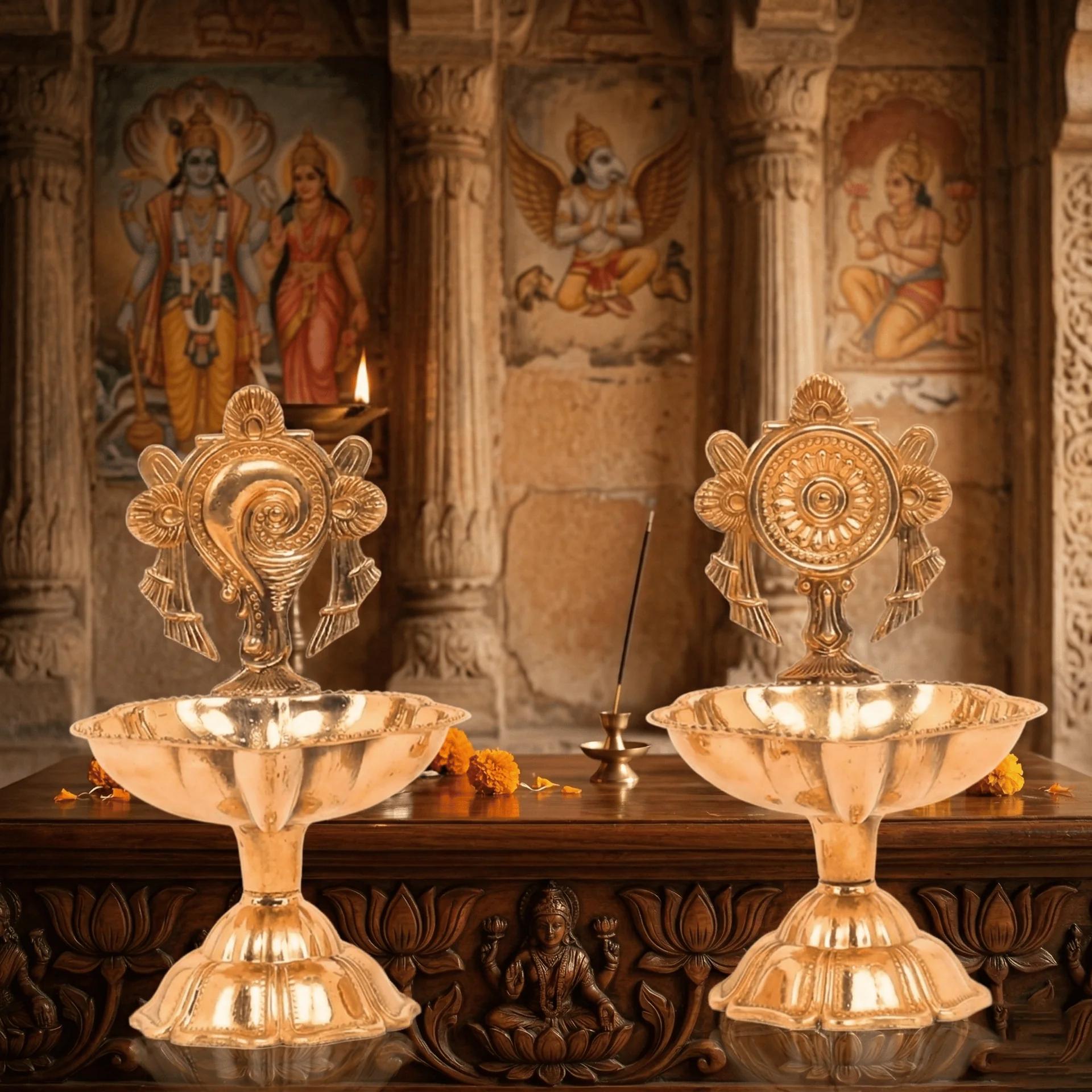 MH Decors Pooja Essentials Brass Shankh Chakra Diya Set for Temple and Home