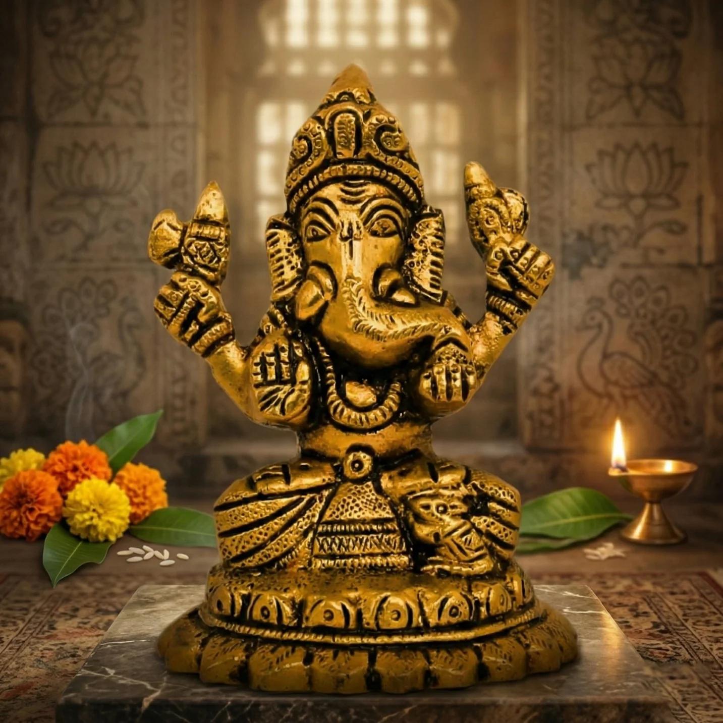MH Decors Brass Ganpati Kamal Idol for Pooja Home and Office Decor