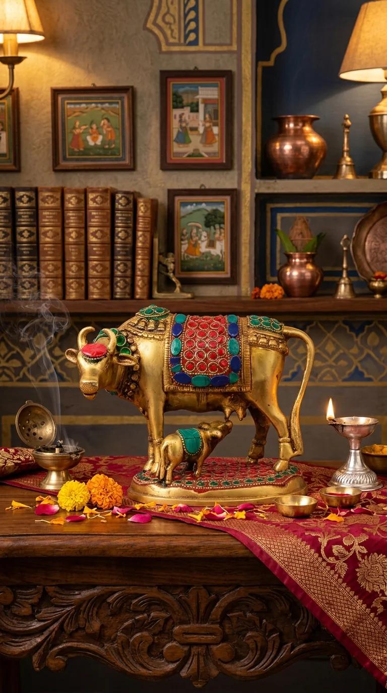 MH Decors Brass Gomatha Cow and Calf Statue for Spiritual and Home Decoration
