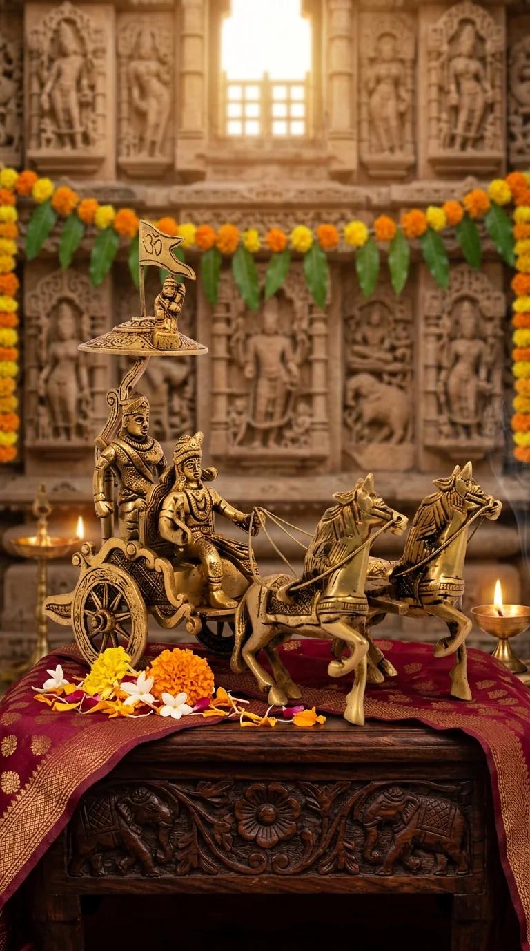 MH Decors Brass Krishna Arjuna Kurukshetra War Scene Statue for Home Display