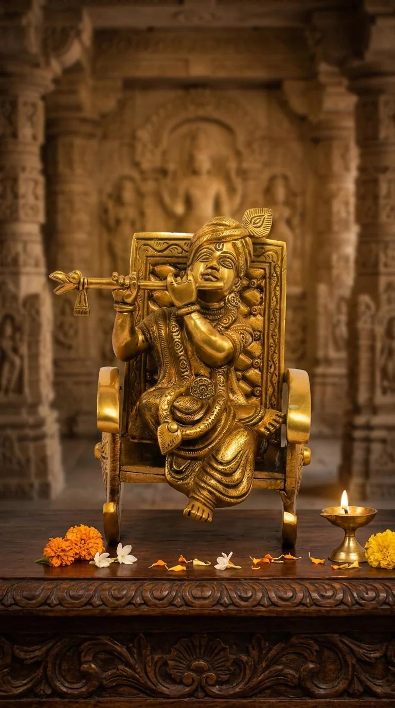 MH Decors Brass Krishna Seated on Throne Figurine Handcrafted for Pooja and Home