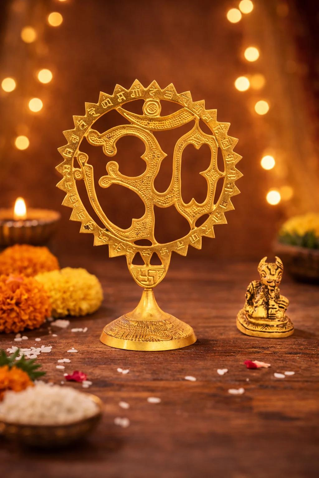 MH Decors Brass Om Hindu Symbol Figurine for Home Pooja and Spiritual Decor