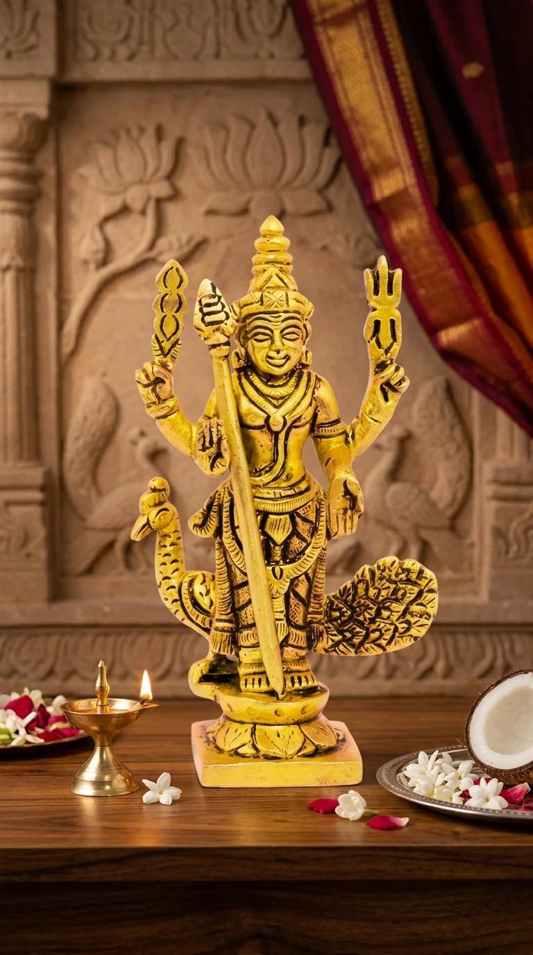 MH Decors Brass Lord Kartikeya Figurine with Peacock Handcrafted for Home