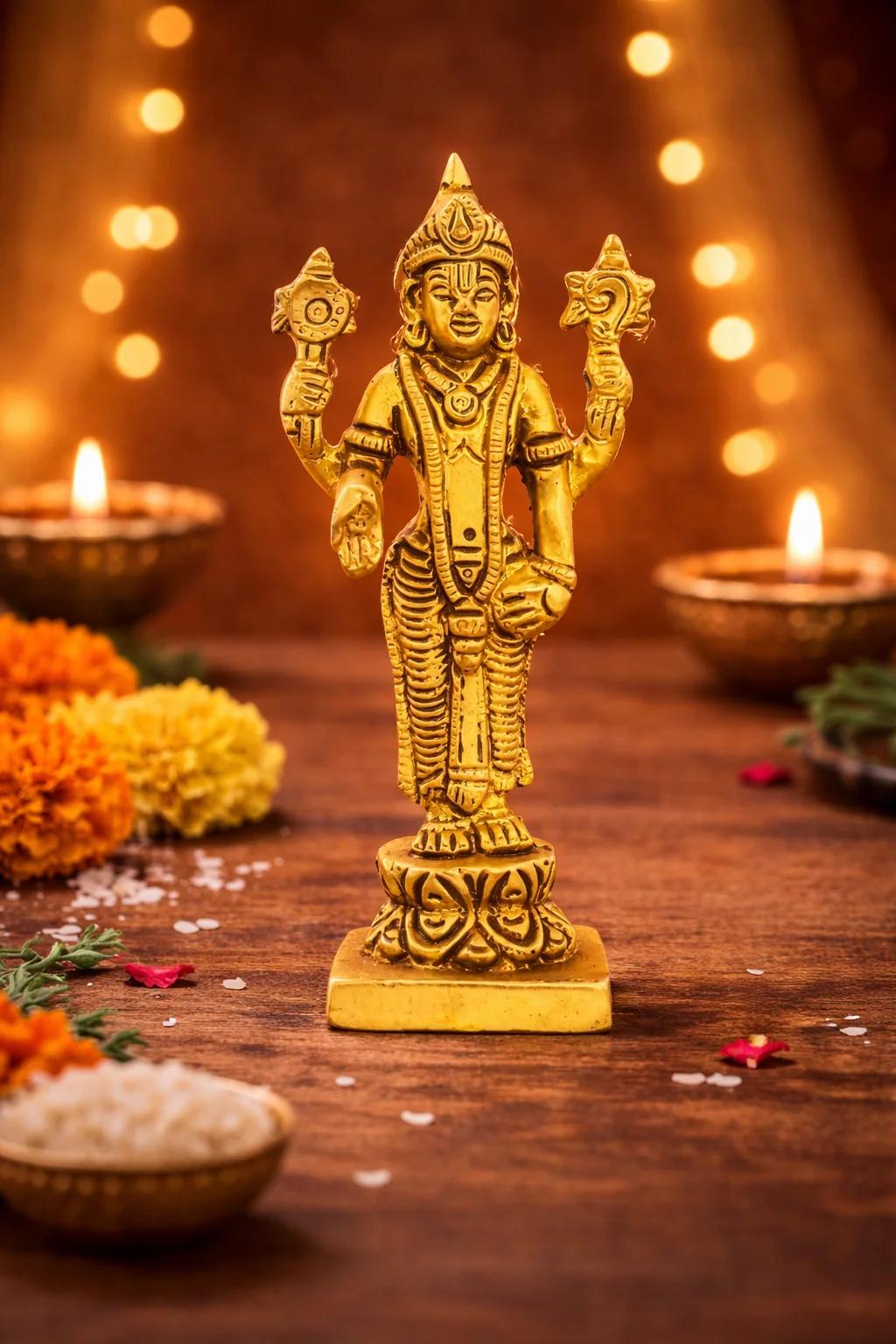 MH Decors Brass Lord Vishnu Idol Handcrafted for Temple and Home Pooja