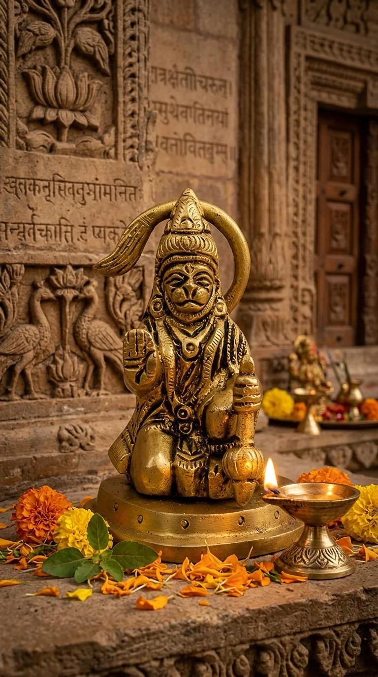 MH Decors Brass Sitting Hanuman Blessing Idol Handcrafted for Home Display