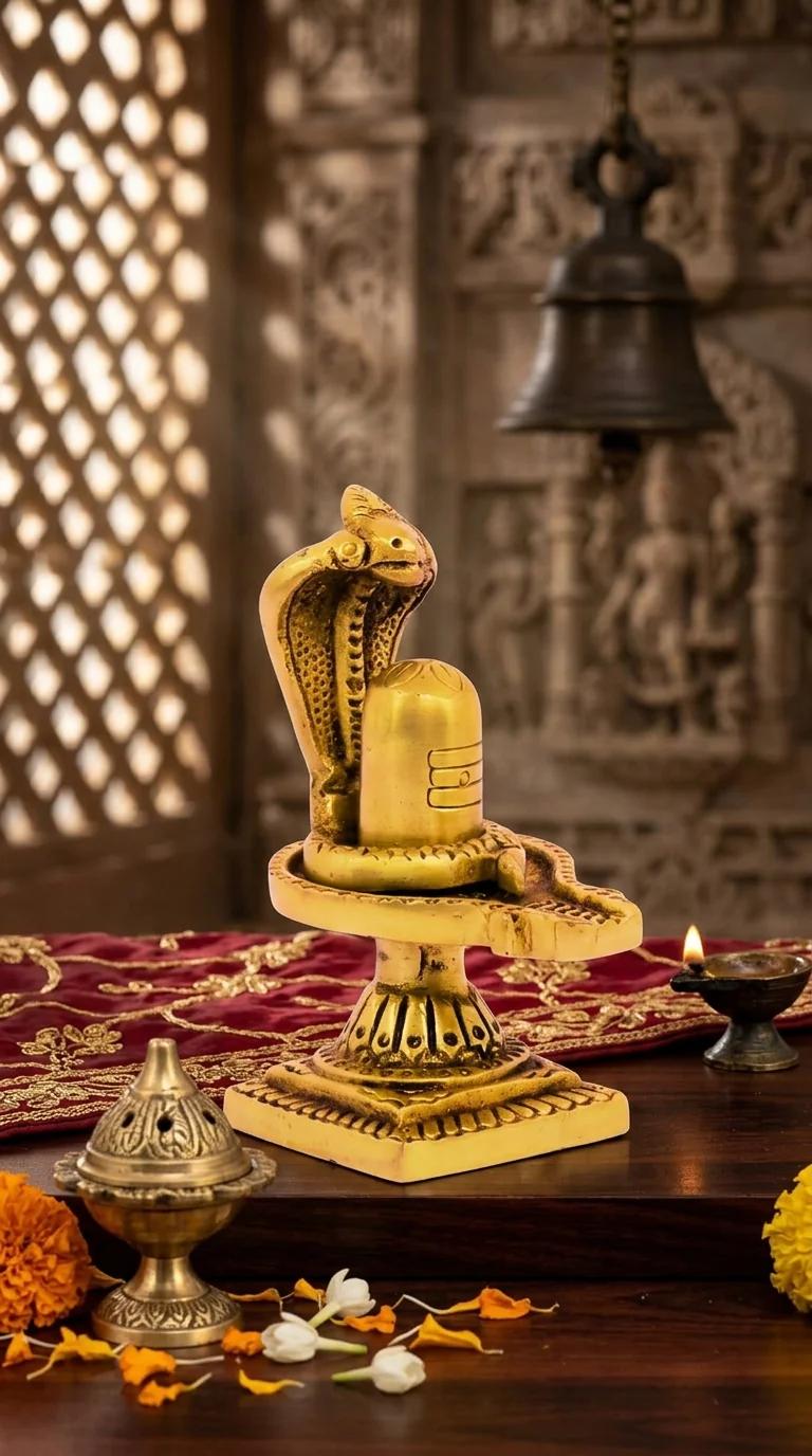 MH Decors Decorative Brass Shiva Lingam with Sheshnaag Statue for Home and Temple