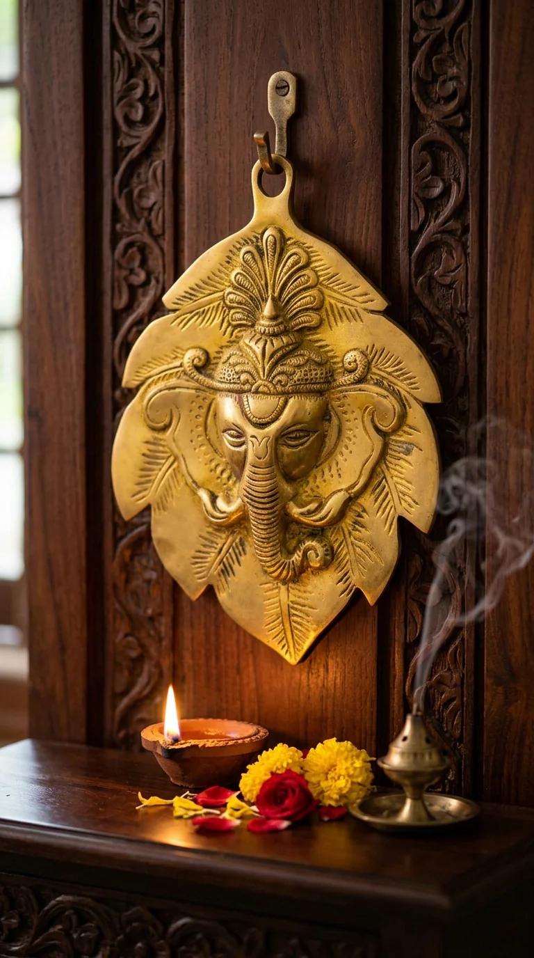 MH Decors Handcrafted Brass Leaf Ganesha Wall Art for Living Room and Pooja Room
